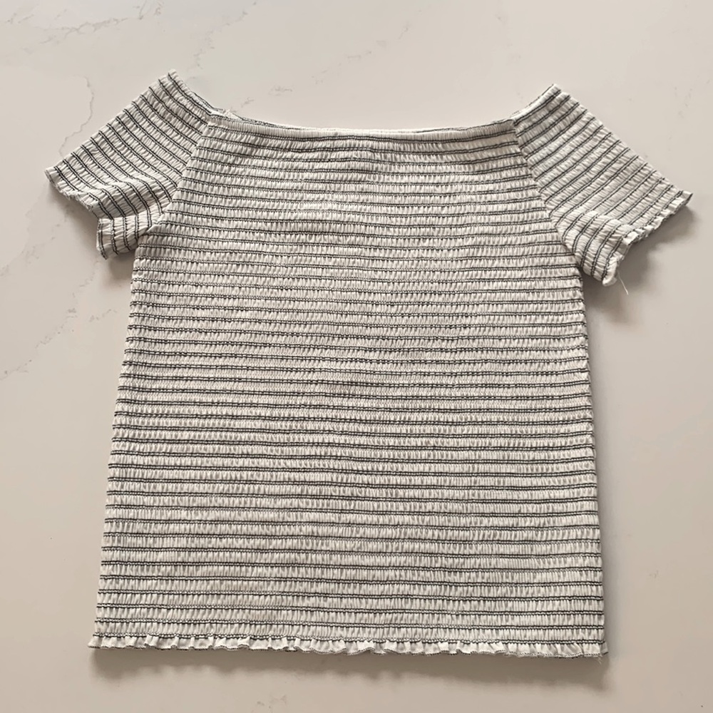Off the shoulder white top with black stripes